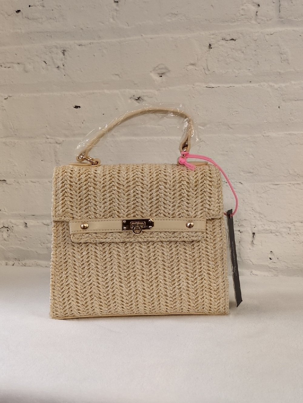 Woven Cream Satchel Handbag with Top Handle